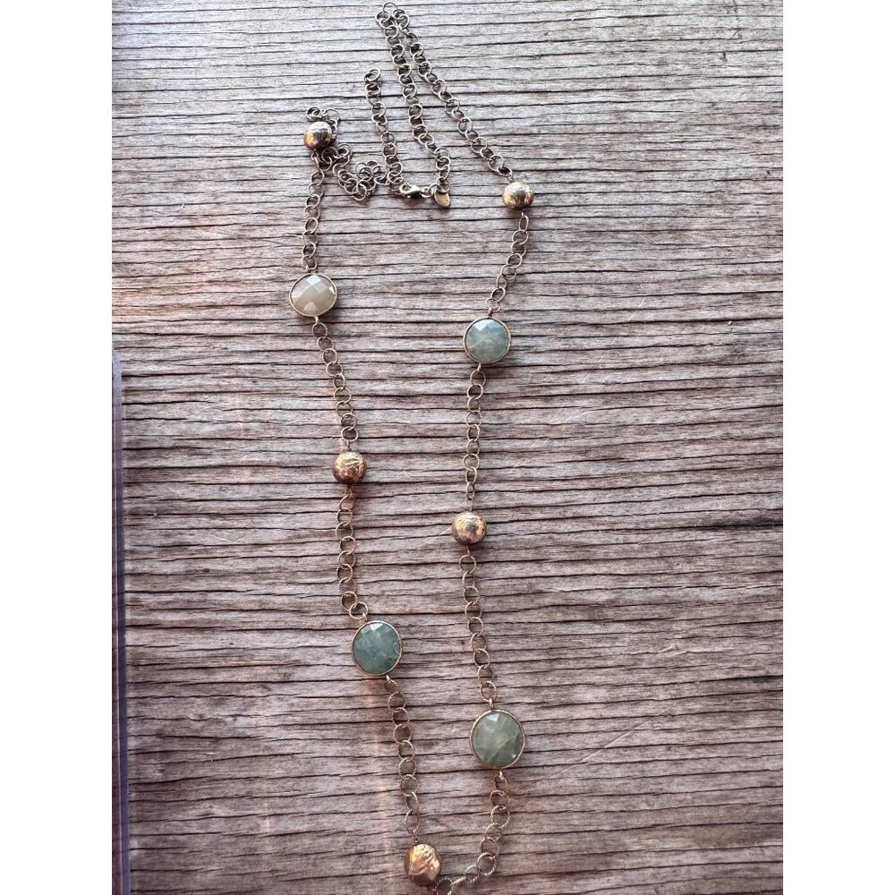 AV 925 Sterling Silver Station Necklace Green Aventurine Bezel Set Two Tone Bead - Picture 2 of 5